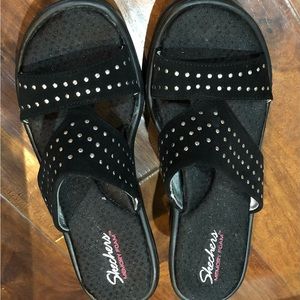 Skechers black wedge memory foam sandals with silver accent, size 8
